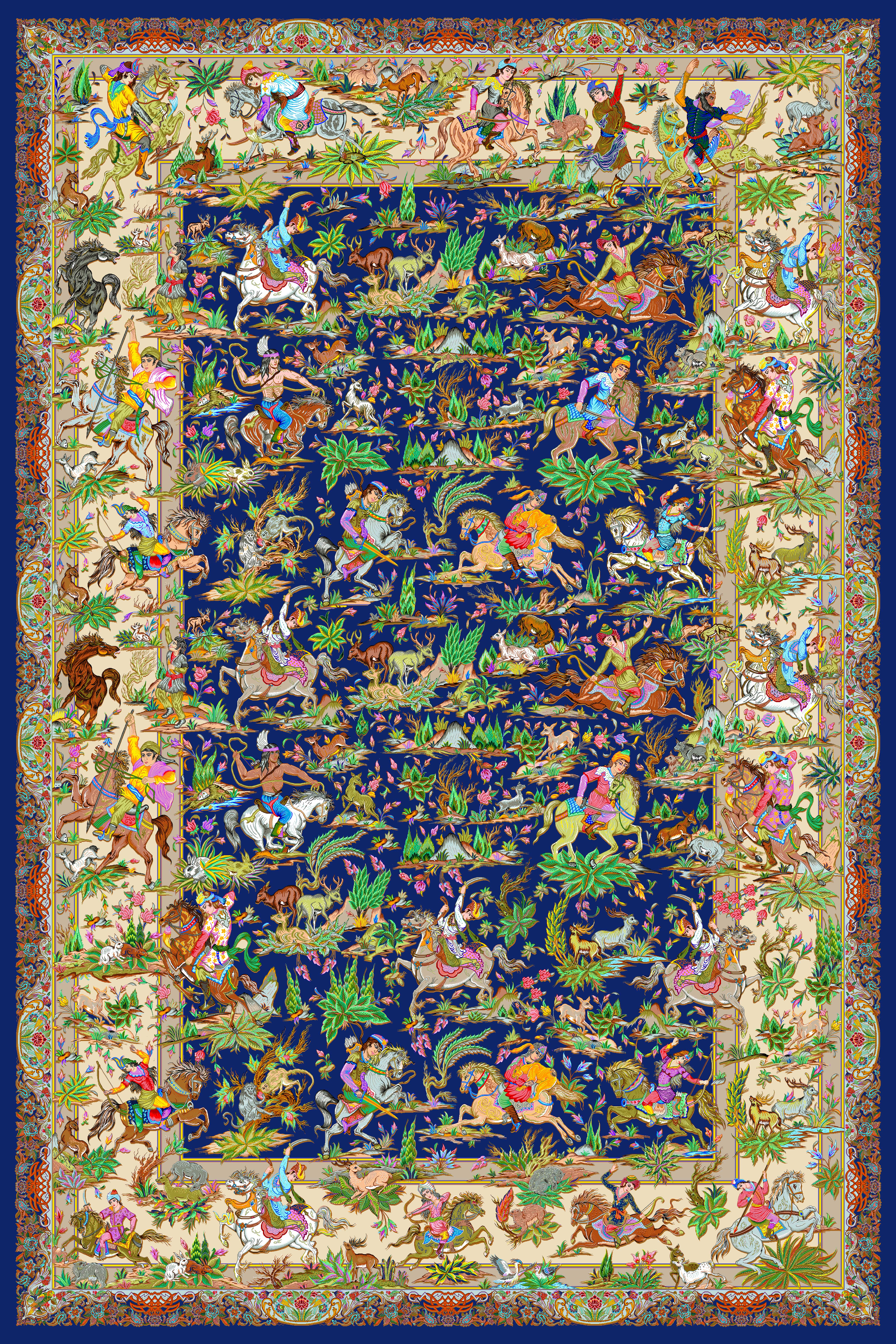 مخمل فرش شکارگاه پارسی سورمه ای